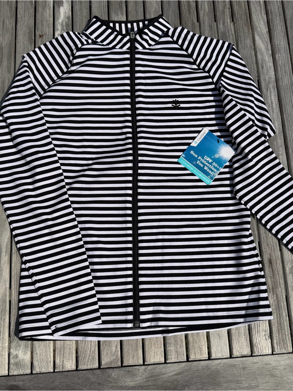 Coolibar Macarella Water Jacket Black and White Striped Rash Guard NWT size M